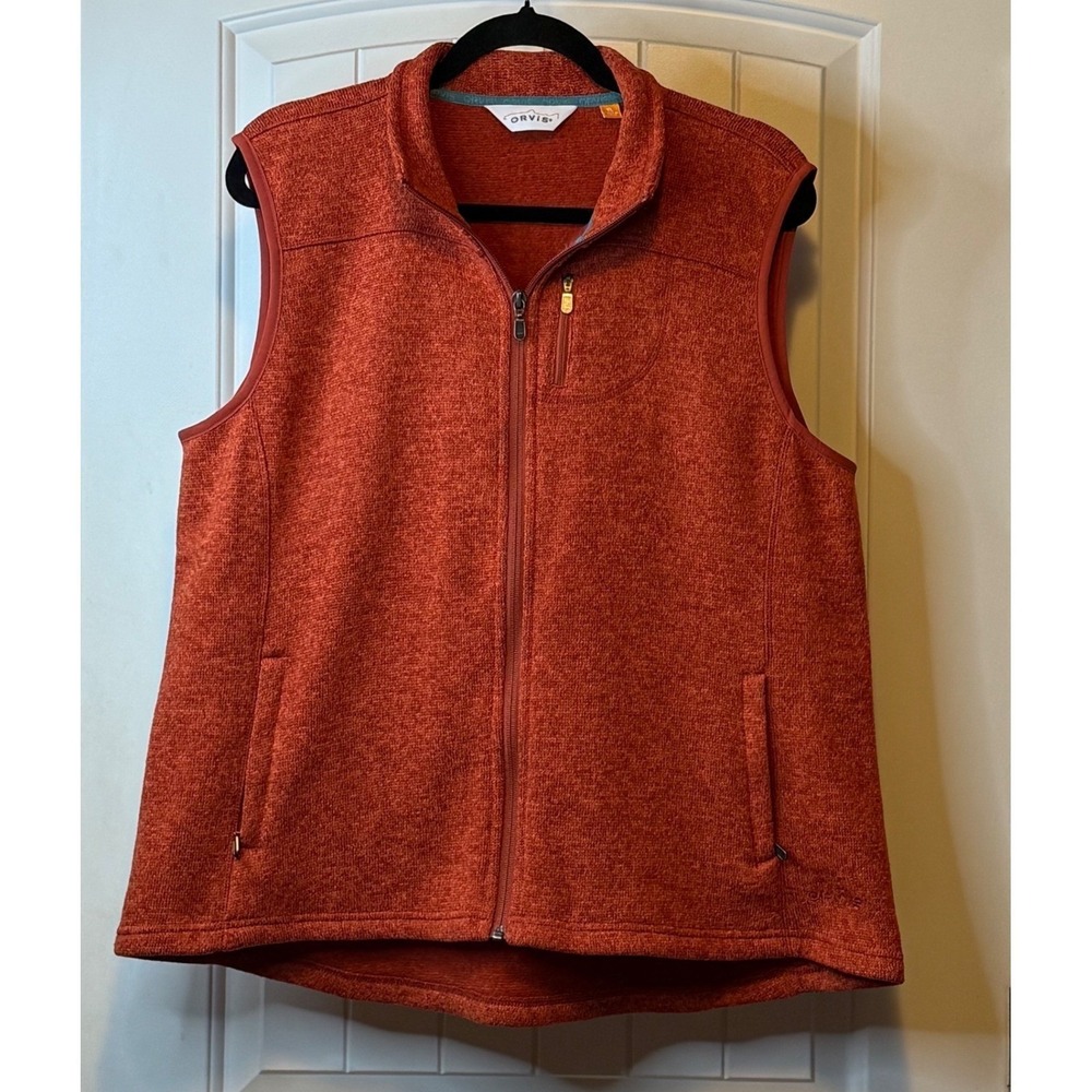 Orvis Fleece Vest Orange Zip Down Pockets Outdoor Hiking Travel Unisex XL - Picture 2 of 13